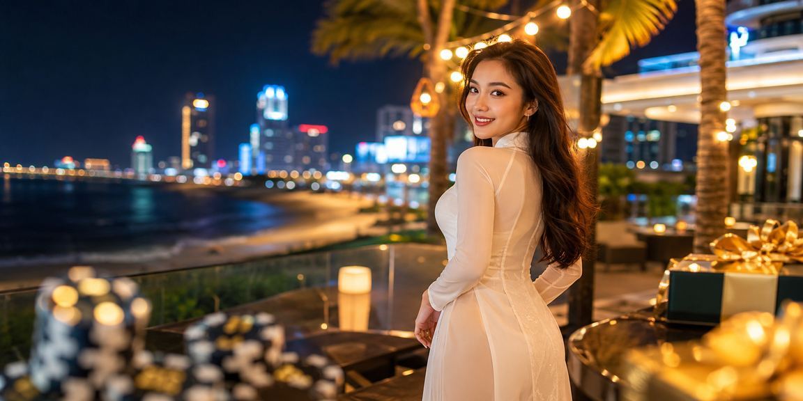 Người dùng Đà Nẵng kiểm tra tài khoản thanh toán casino trong trang phục áo dài