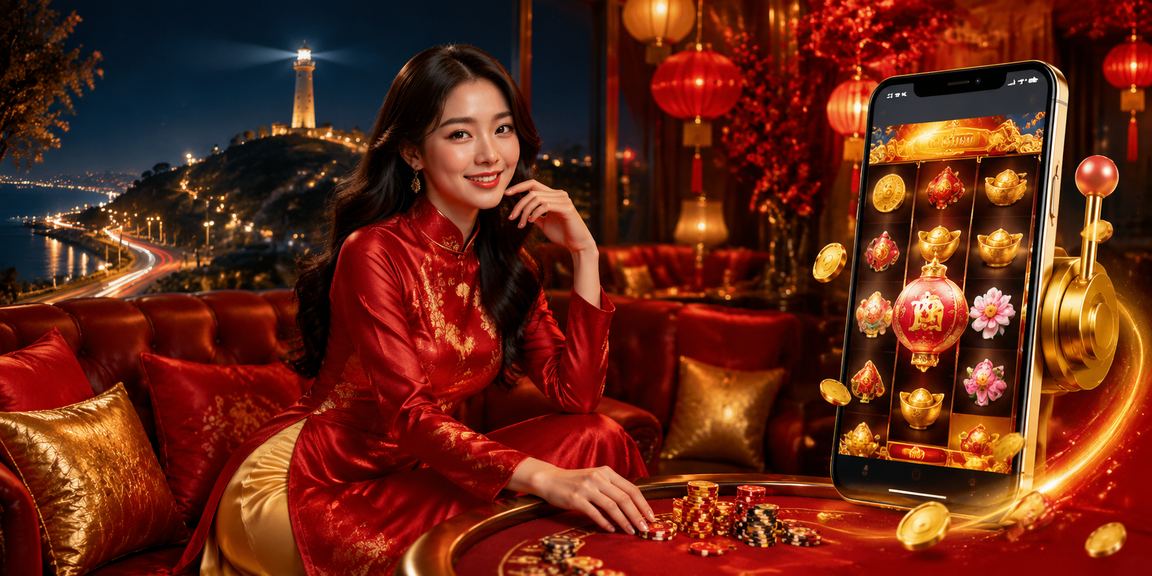 Người dùng Vũng Tàu mặc áo dài chơi slot game và liên hệ hỗ trợ khách hàng